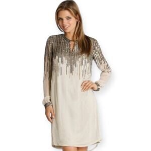 JS Collection Long Sleeves Beaded Embellished Chiffon Shift Dress Size 10 NWT